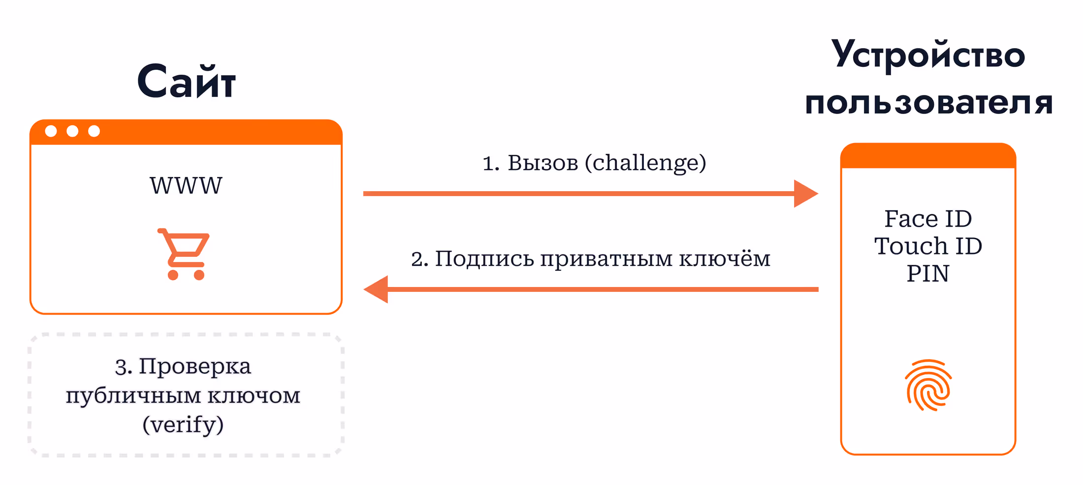 Схема работы passkey: сайт отправляет вызов (challenge) → устройство подписывает приватным ключом → сайт проверяет подпись публичным ключом.