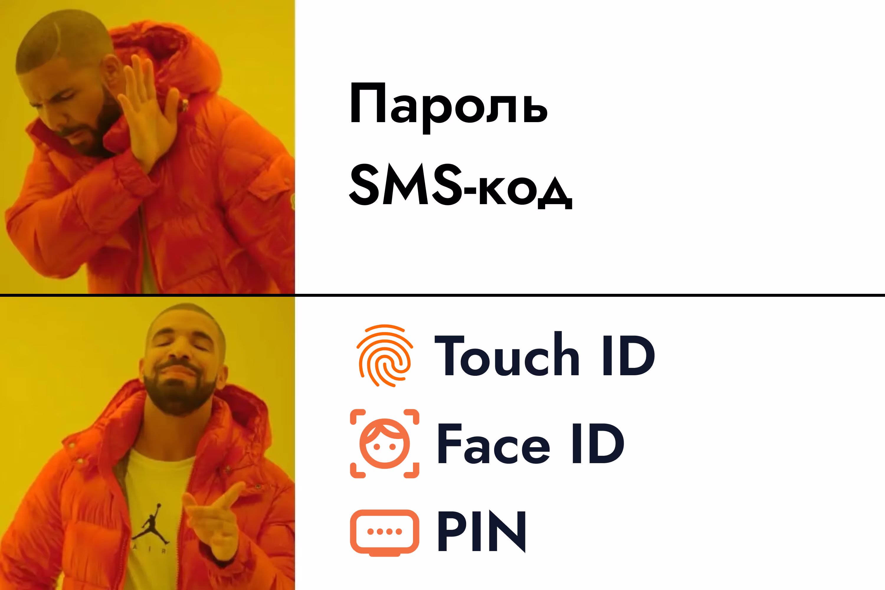 Мем: сверху Дрейк отворачивается от пароля и SMS-кода, снизу одобряет вход по Touch ID, Face ID и PIN.