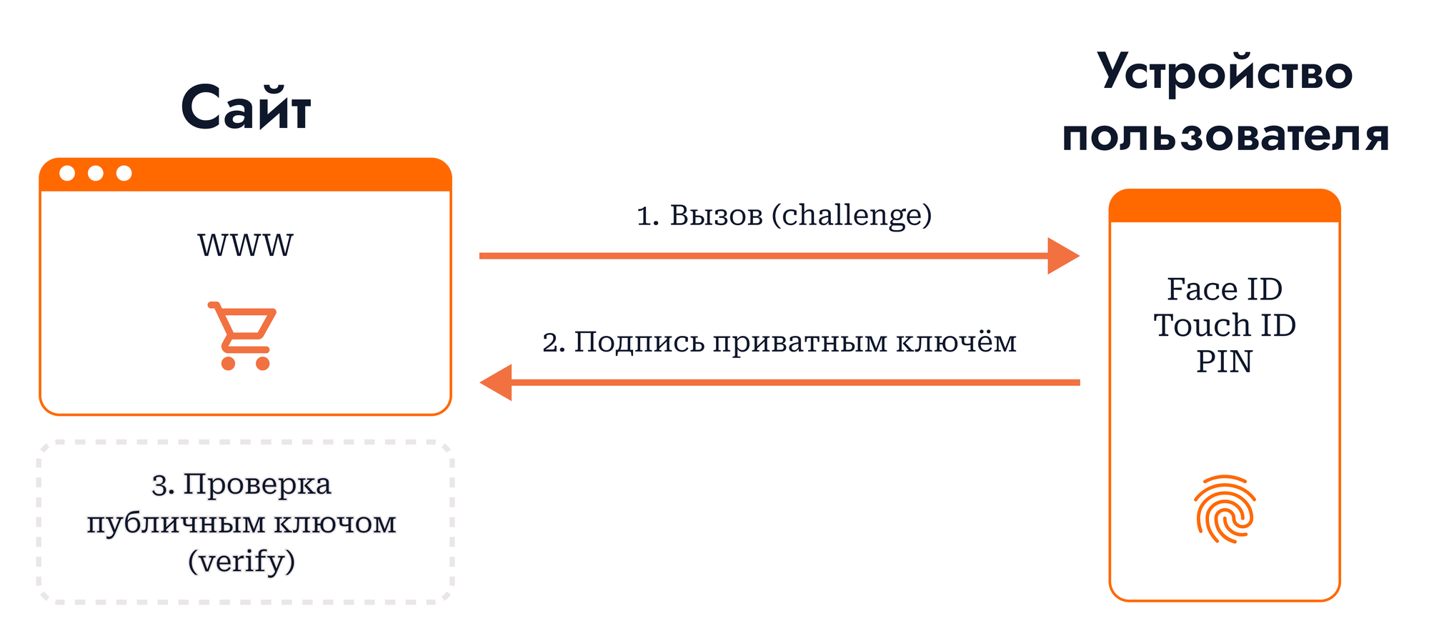 Схема работы passkey: сайт отправляет вызов (challenge) → устройство подписывает приватным ключом → сайт проверяет подпись публичным ключом.